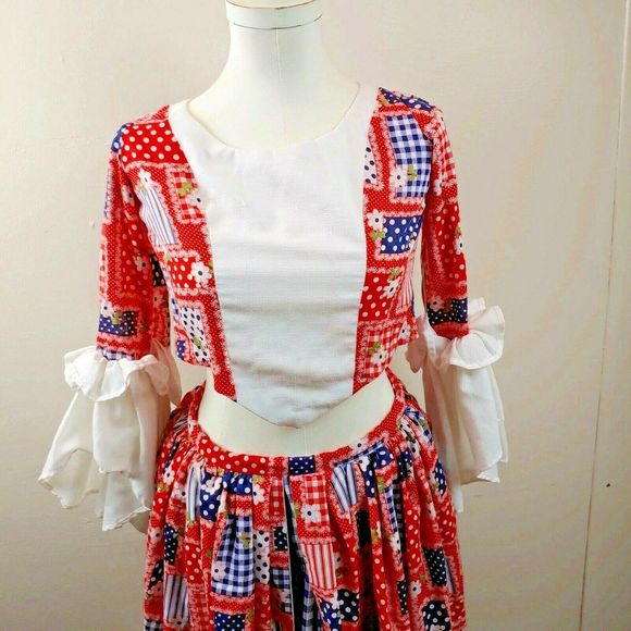 Patchwork Skirt Set Ruffle Sleeve Crop Top Maxi Skirt Red‎ Blue White - Picture 2 of 6